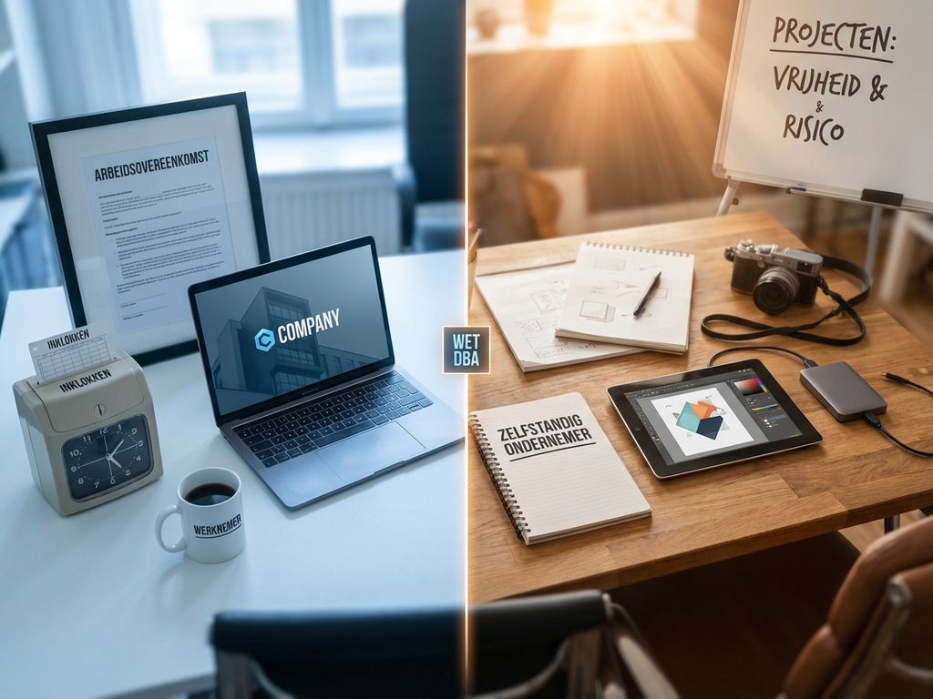 Gesplitst werkruimte-overzicht: gestructureerd kantoor met arbeidscontract links, zelfstandige werkplek met tools rechts