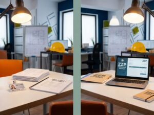 Twee identieke werkplekken zij aan zij: links werknemersbadge en contract, rechts ZZP-factuur en laptop met bedrijfsdocumenten