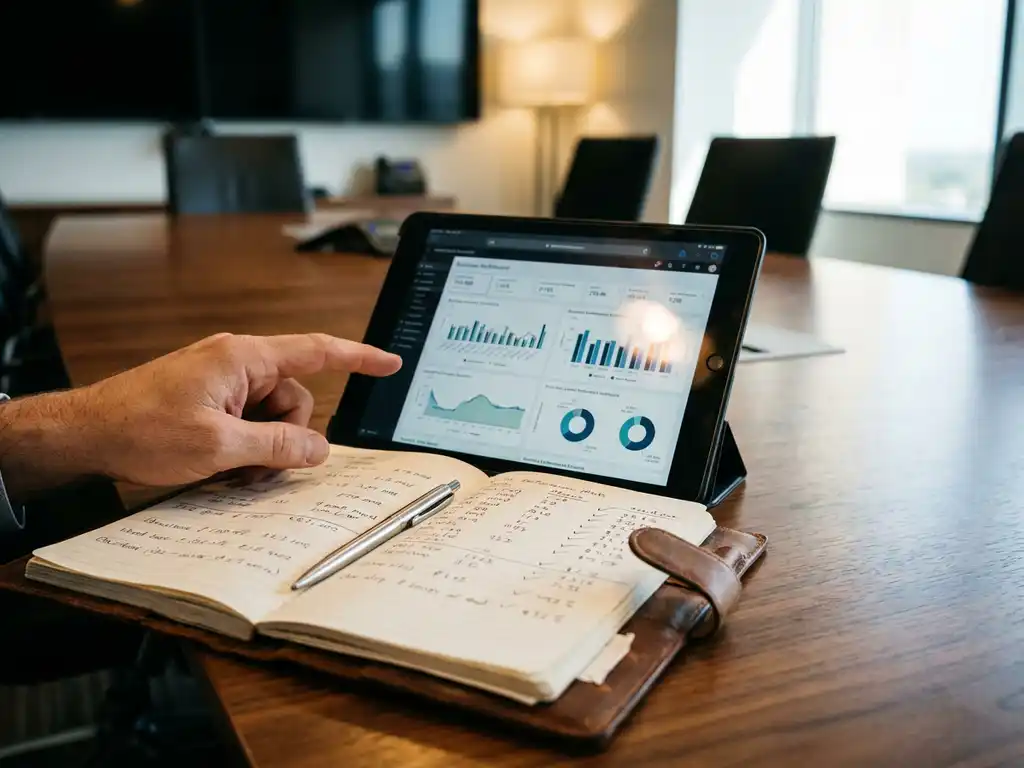 Tablet met prestatiedashboard op houten vergadertafel met notitieboek, pen en hand die naar data wijst