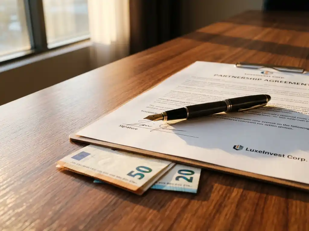 Vulpen op openliggend contract met eurobankbiljetten op houten vergadertafel bij natuurlijk licht