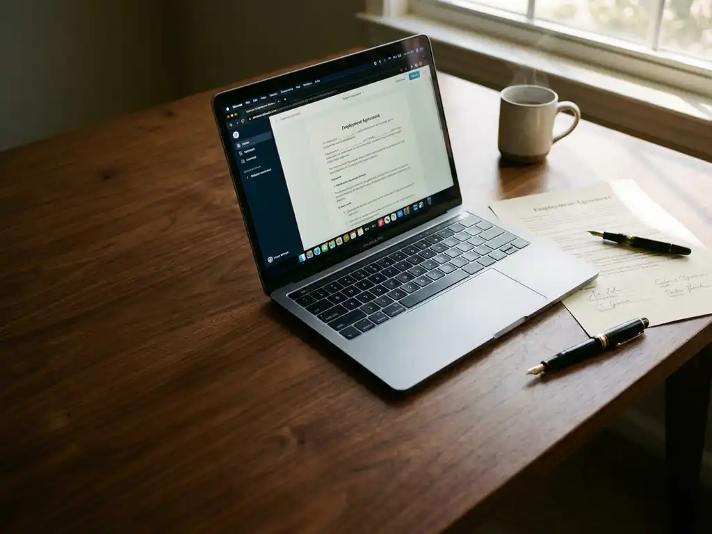 Laptop met digitaal contract naast papieren arbeidsovereenkomst met vulpen op houten bureau met koffie