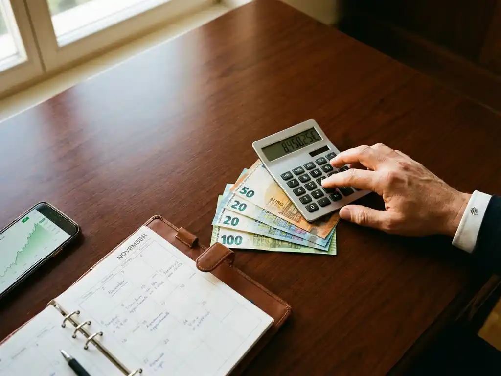 Zakelijke hand reikt naar calculator op bureau met eurobankbiljetten, planner en smartphone met financieel dashboard
