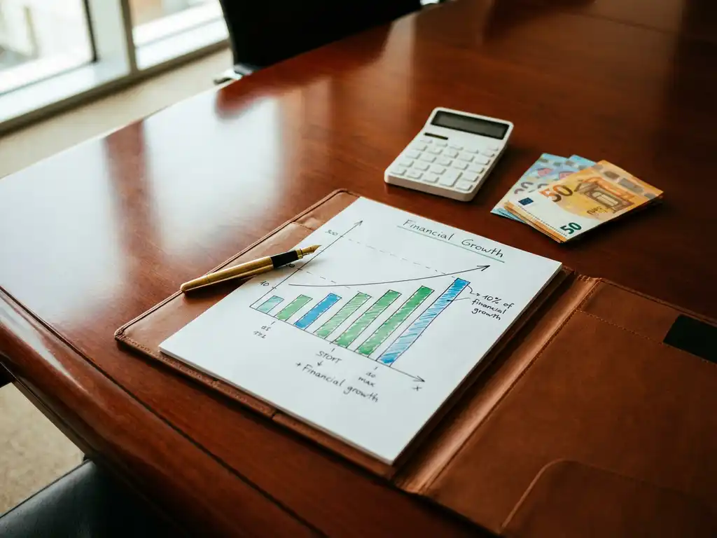 Financieel groeirapport met stijgende staafdiagrammen op lederen portfolio naast eurobankbiljetten op vergadertafel