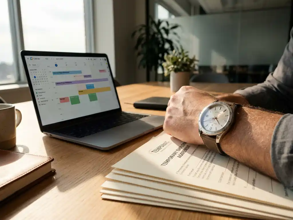 Polshorloge op bureau met tijdelijke arbeidscontracten en laptop met projectplanning in kantooromgeving