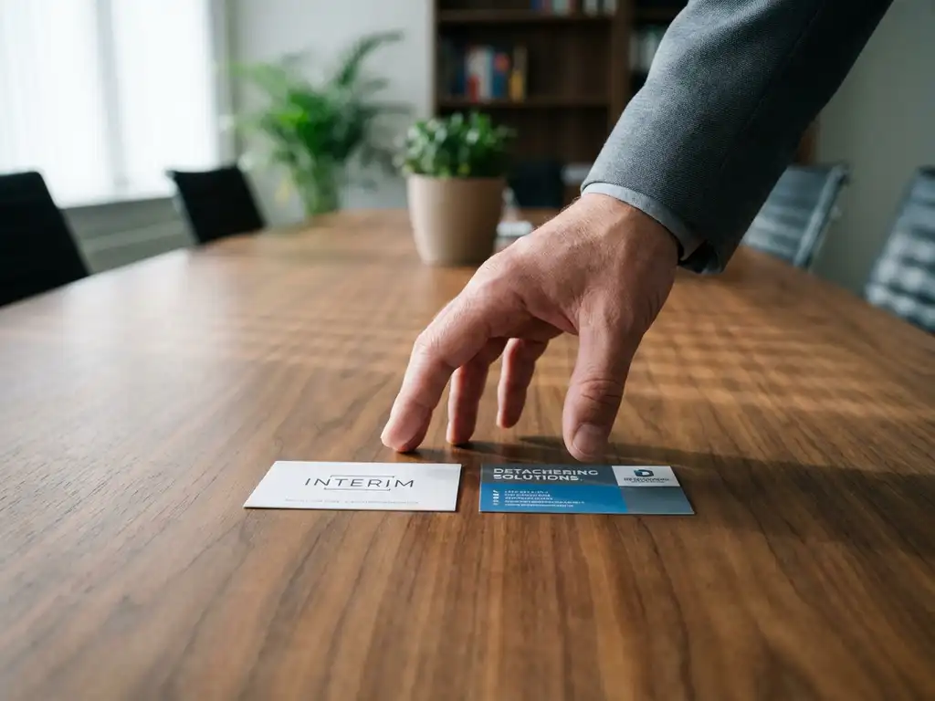 Hand boven twee visitekaartjes op houten tafel, één voor interim werk en één voor detachering
