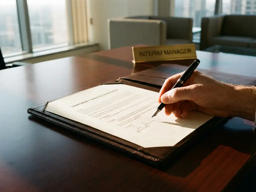 Hand ondertekent tijdelijk contract op bureau met vulpen naast naambordje Interim Manager