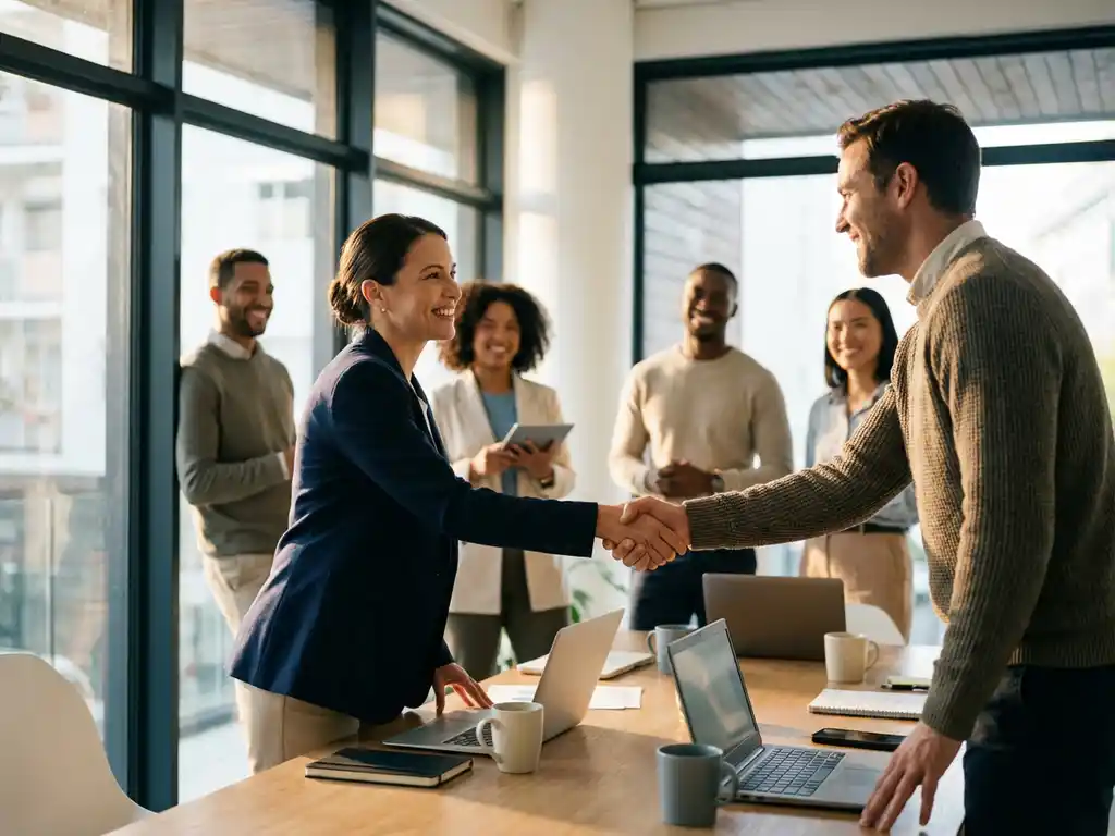 Interim manager schudt hand met teamlid tijdens zakelijke bijeenkomst aan conferentietafel in modern kantoor