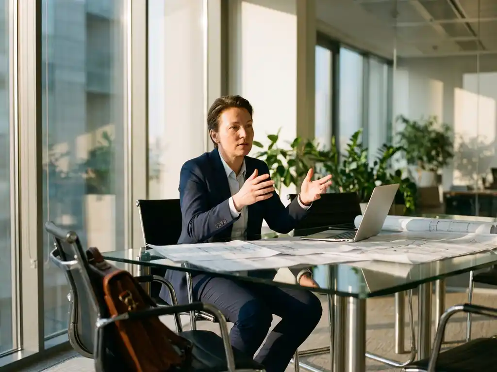 Zelfverzekerde interim manager in pak presenteert aan glazen vergadertafel met laptop en documenten
