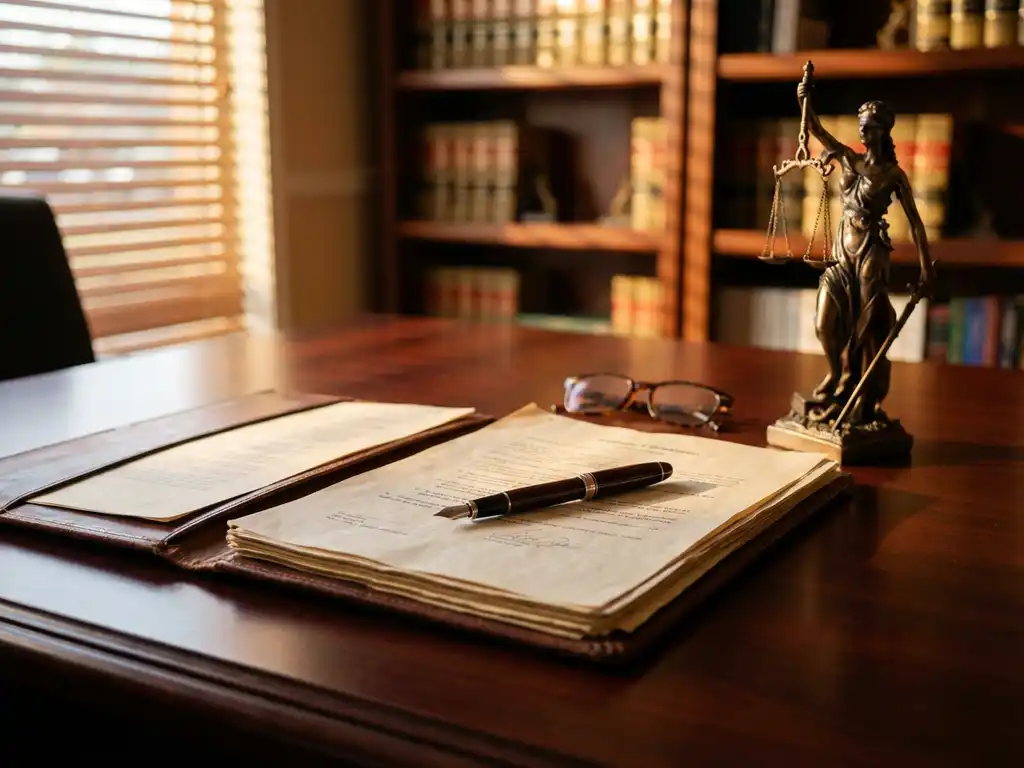 Mahonie bureau met openstaande contractmap, vulpen, leesbrief en Vrouwe Justitia-beeld in advocatenkantoor