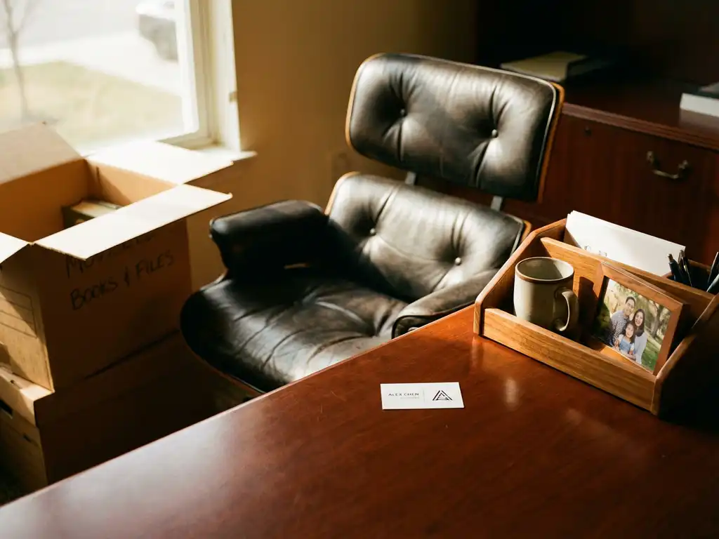 Moderne bureaustoel tussen verhuisdoos en houten bureau-organizer op mahonie bureau met visitekaartje