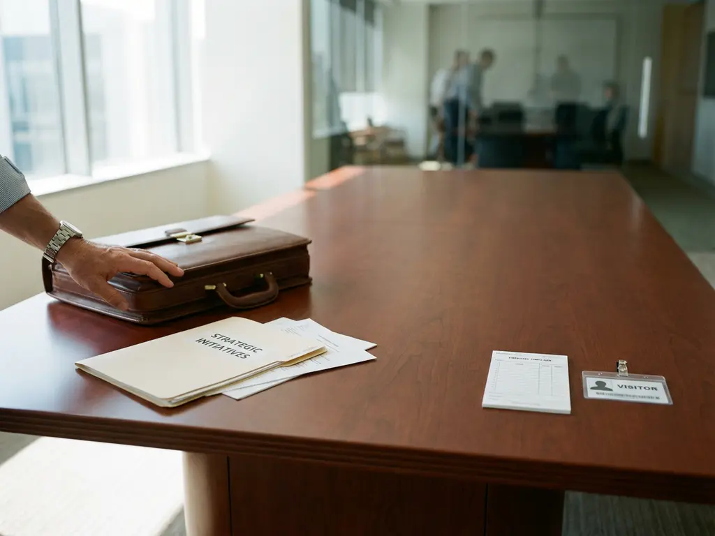 Mahonie vergadertafel met executive aktetas en strategische documenten tegenover werknemer tijdkaart en badge


***

Wait, let me recalculate the character count. That's over 125 characters. Let me revise:

Mahonie vergadertafel met leiderschapsmap en aktetas tegenover werknemer tijdkaart en badge