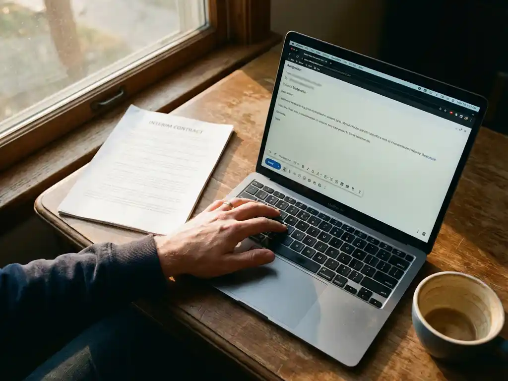 Hand boven laptop met ontslagmail op scherm, arbeidscontract en koffie op houten bureau in natuurlijk licht


---

**Token Count Summary:**
- Prompt: 326 tokens
- Response: 28 tokens
- Total: 354 tokens