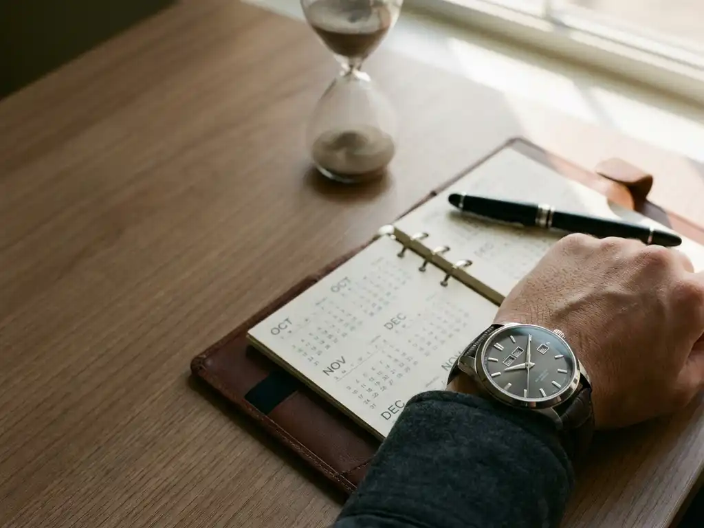 Professioneel polshorloge op opengeslagen bureaukalender met pen en zandloper, natuurlijk licht op houten bureau