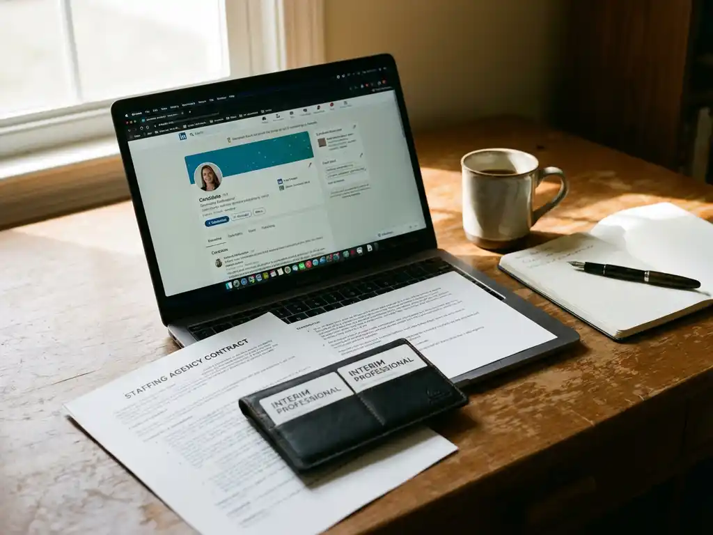 Laptop met kandidaatprofiel en interim-professional contract op bureau van recruiter met koffie en visitekaartjes