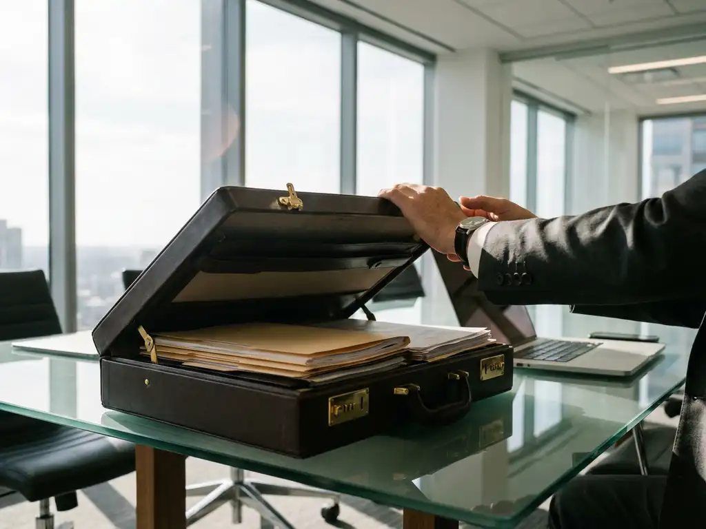 Open aktetas op vergadertafel met laptop en documenten, zakelijke handdruk in modern kantoor met daglicht