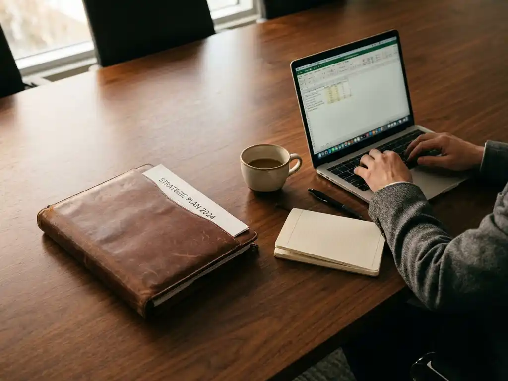 Houten vergadertafel met laptop, leren portfolio en koffie, persoon aan het typen, bovenaanzicht zakelijke setting