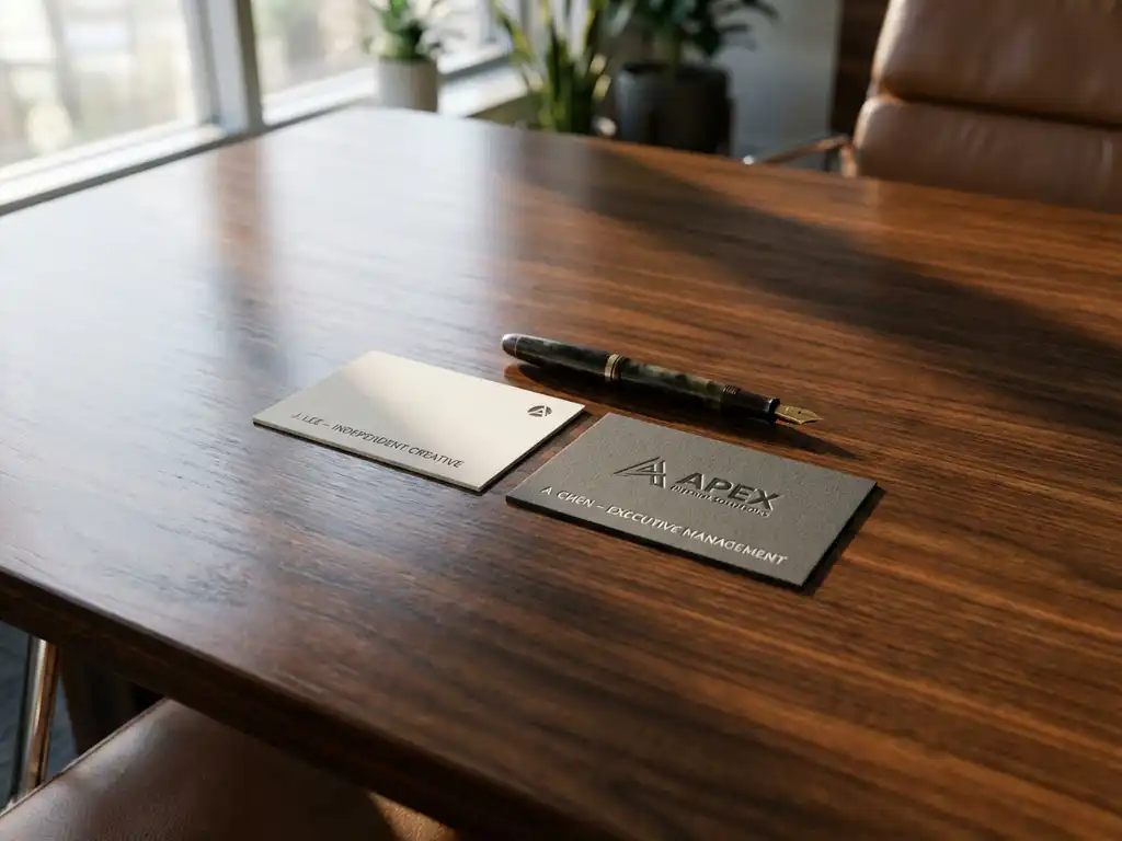 Twee visitekaartjes op houten vergadertafel met vulpen, bovenaanzicht met natuurlijk licht en zachte schaduwen