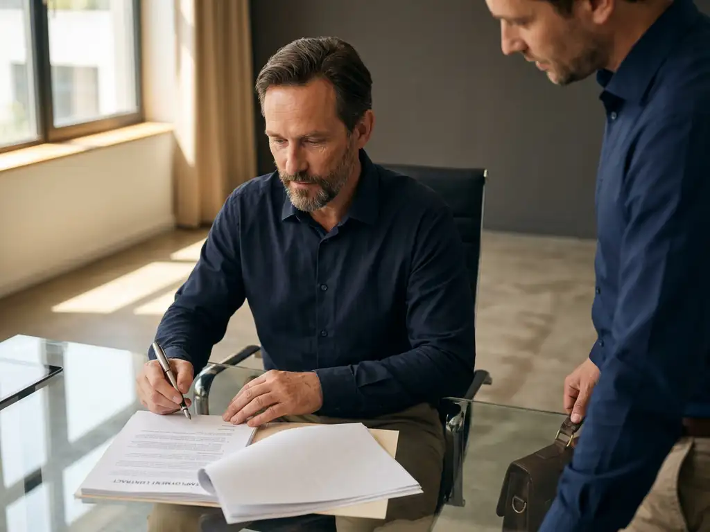 Aannemer in marineblauw overhemd bestudeert arbeidscontract aan glazen bureau, tweede aannemer met aktetas op achtergrond