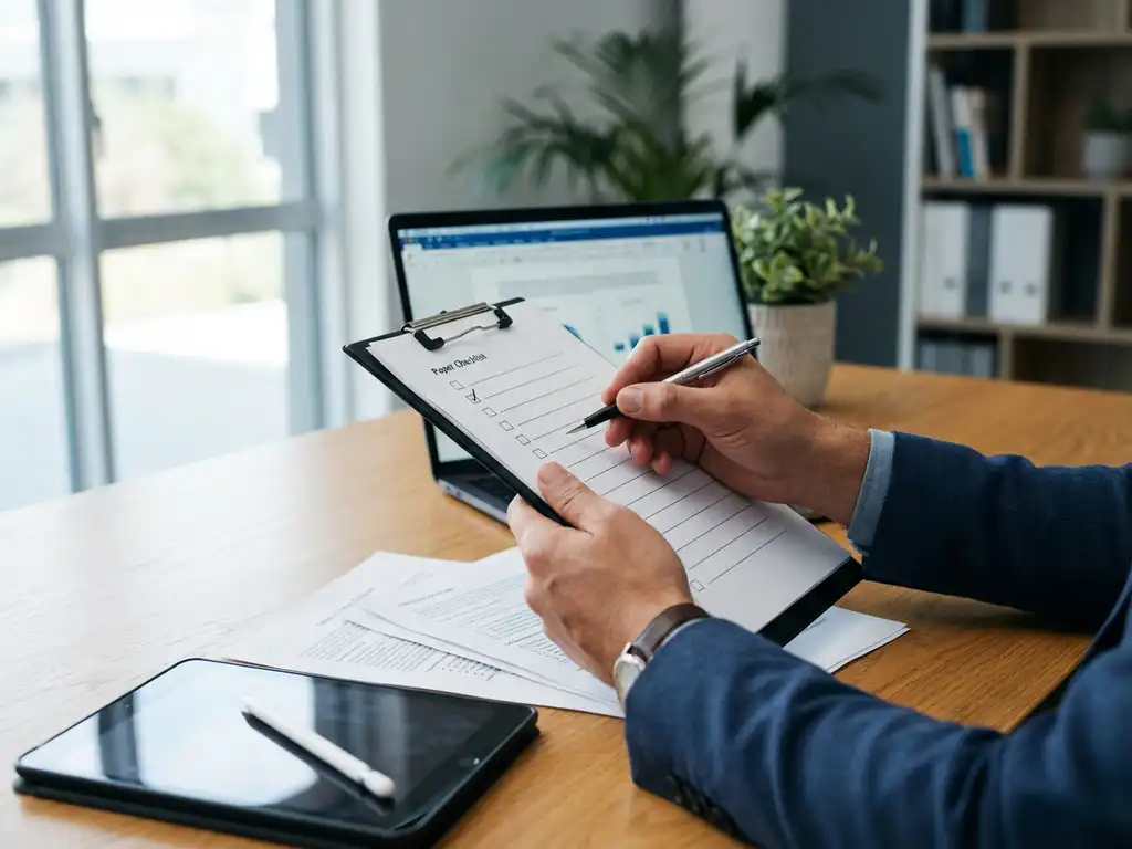 Consultant bekijkt checklist op klembord met contractdocumenten en laptop op houten bureau in licht kantoor