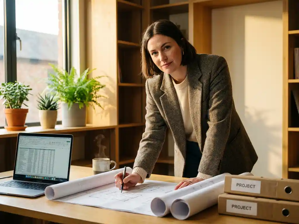 Freelance bouwadviseur bestudeert architectonische tekeningen aan bureau in thuiskantoor met laptop en koffie