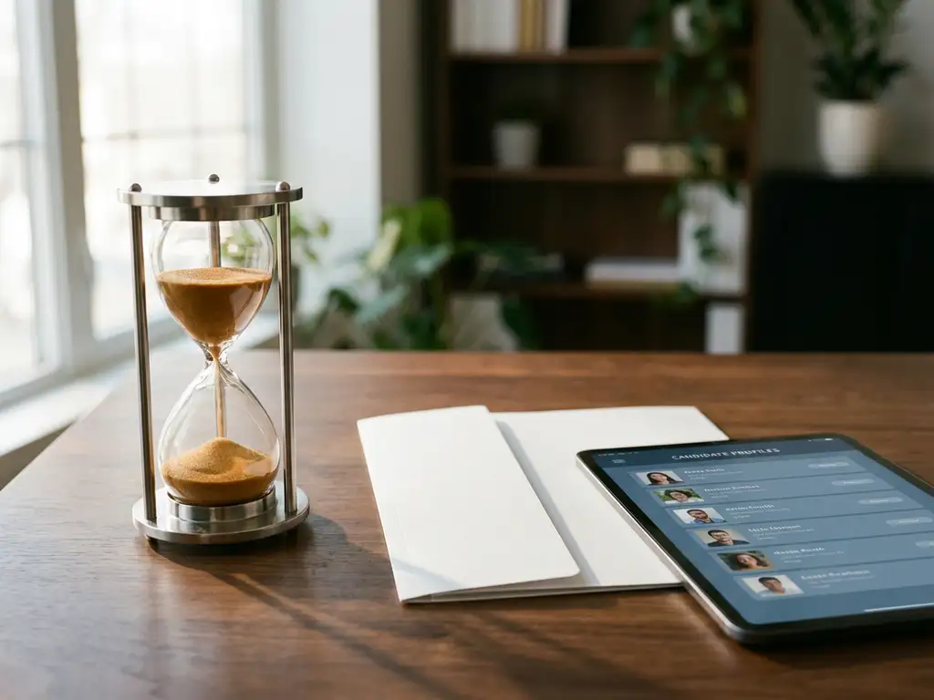 Zilveren zandloper met cv-map en tablet met kandidaatprofielen op donker houten bureau in natuurlijk licht