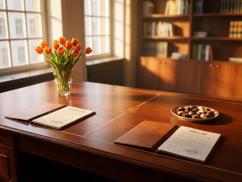 Gepolijst houten bureau met Nederlandse oranje tulpen en Belgische chocolade pralines, openliggende contracten met verschillende stempels