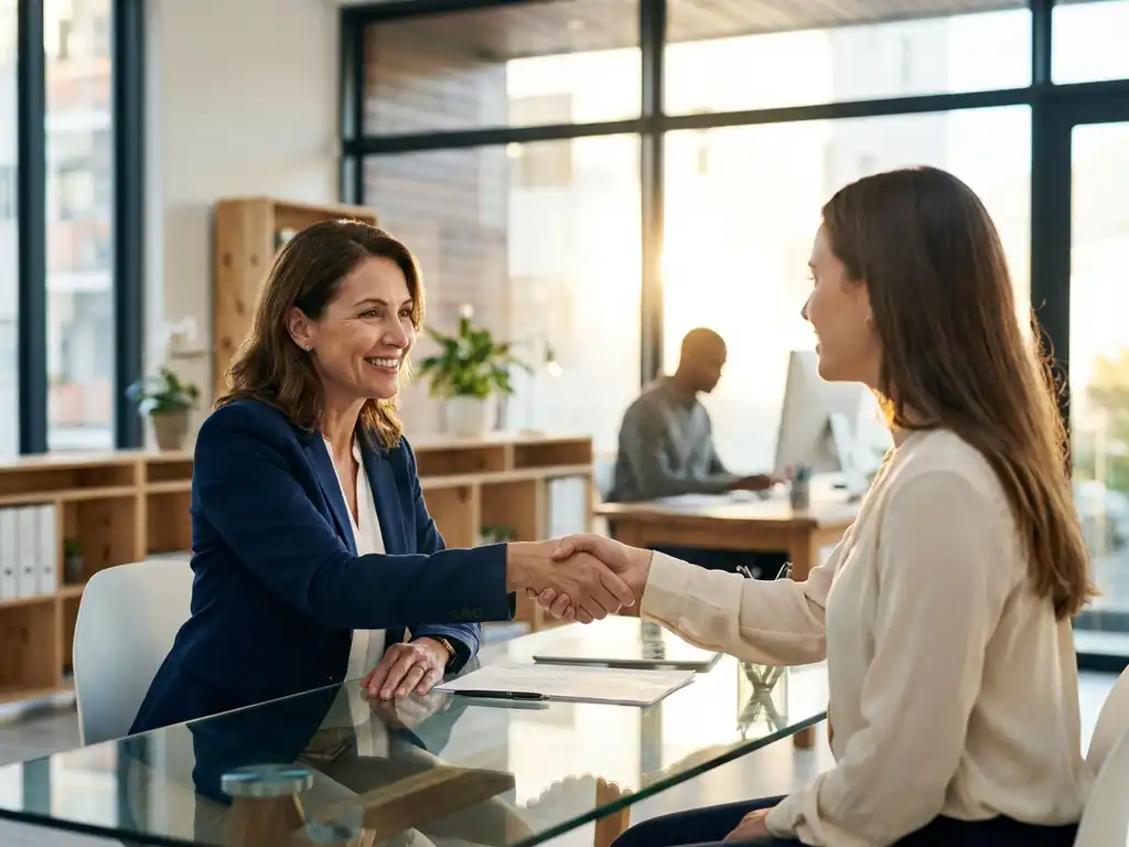 Professionele vrouw in marineblauw jasje schudt hand met jongere collega over glazen bureau in licht kantoor