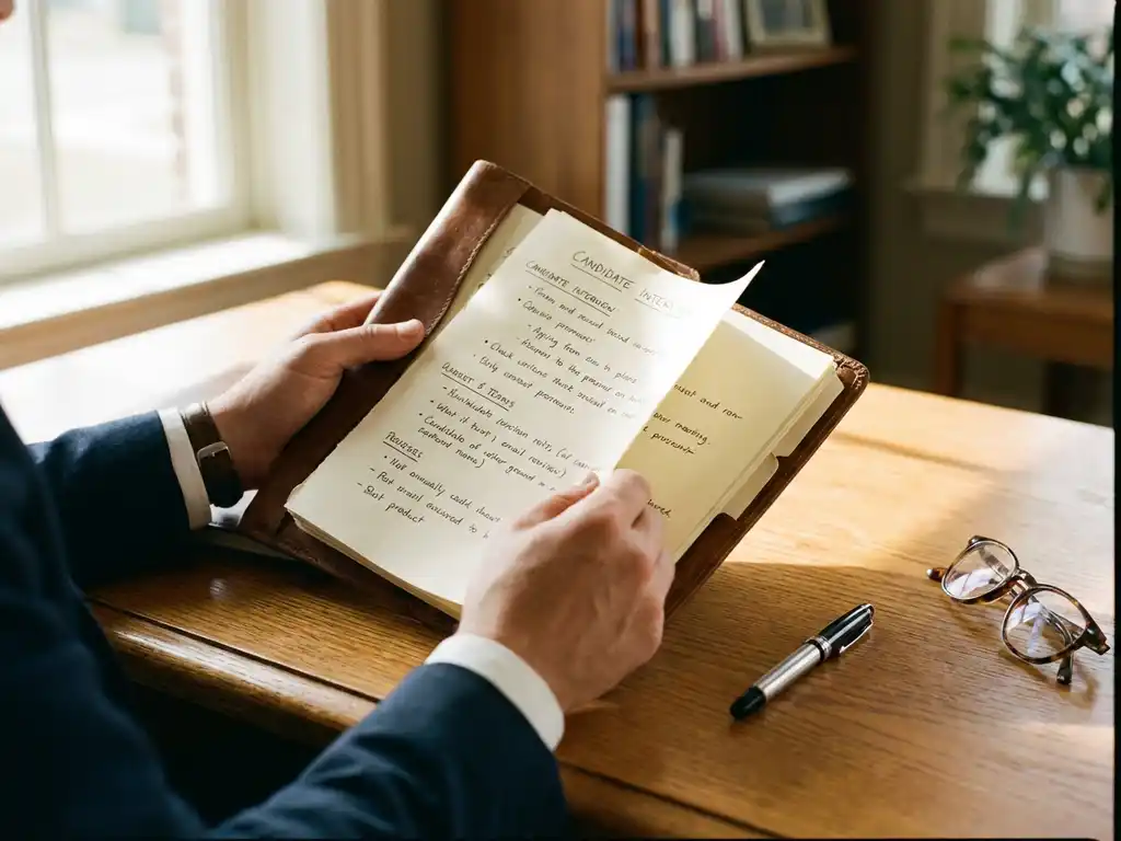 Handen van recruiter met leren portfolio met sollicitatienotities op houten bureau met pen en bril