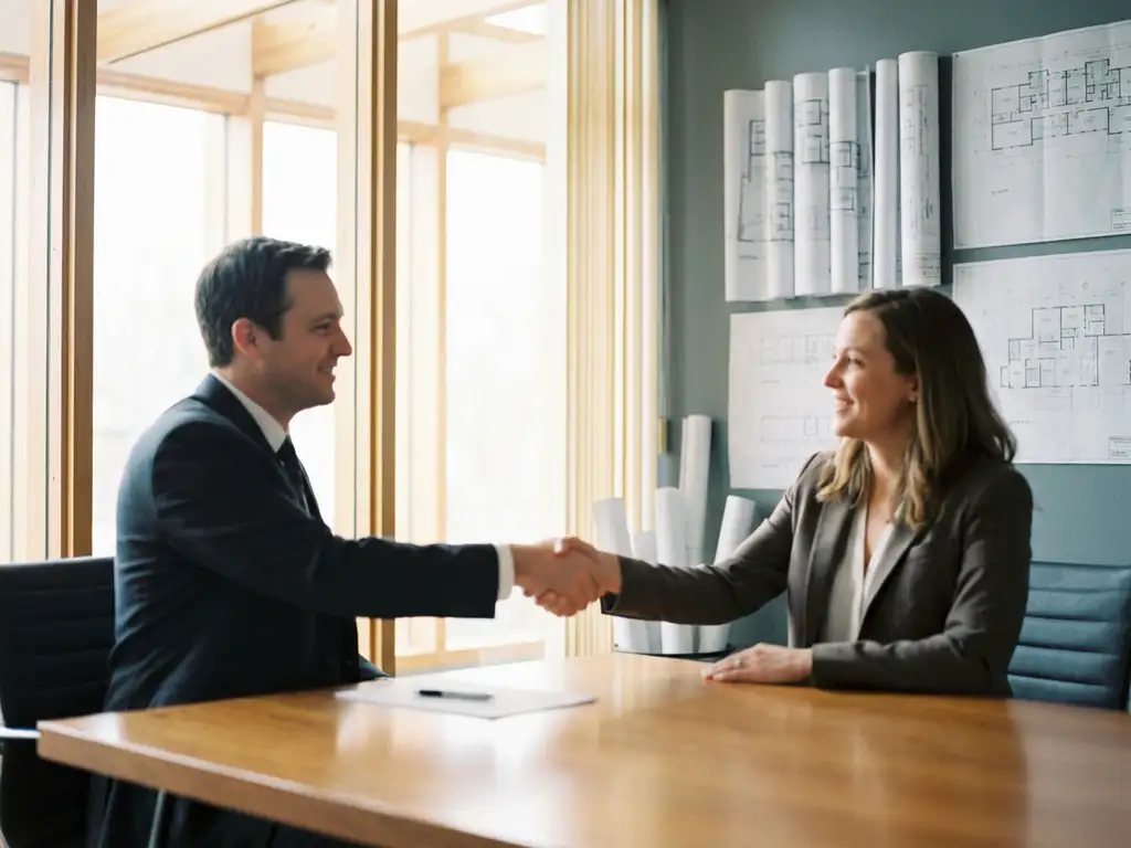 Recruiter en kandidaat in gesprek aan conferentietafel in modern kantoor met natuurlijk licht en technische tekeningen op achtergrond