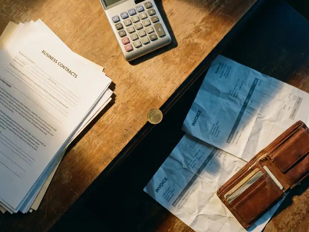 Houten bureau met contracten, rekenmachine, facturen en portemonnee, verdeeld door dramatische schaduw tussen licht en donker