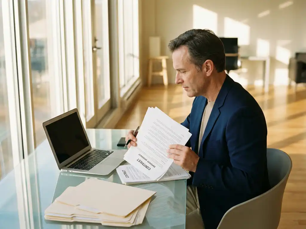 Aannemer bestudeert arbeidscontract aan bureau met laptop en juridische documenten in modern kantoor