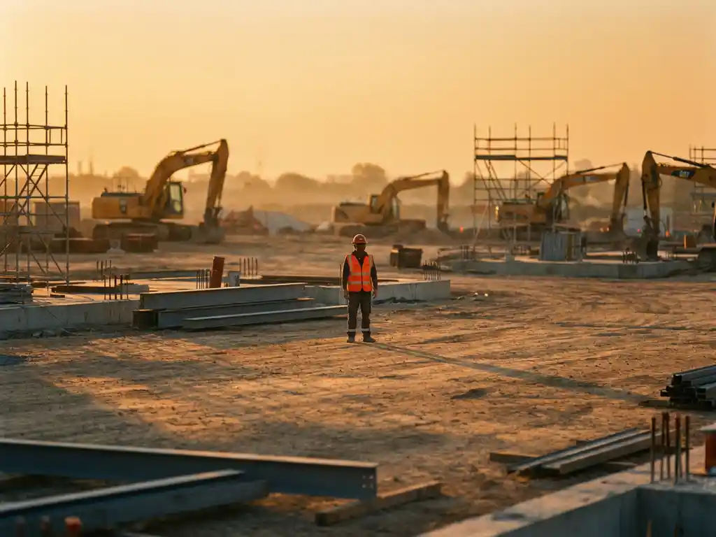 Bouwvakker in oranje vest op verlaten bouwterrein bij zonsondergang met graafmachines en steigers