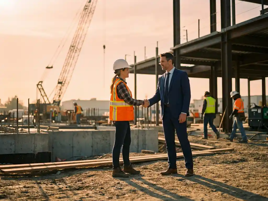 Recruiter in pak schudt handen met bouwplaatsmanager in veiligheidskleding op actieve bouwlocatie met staalconstructie