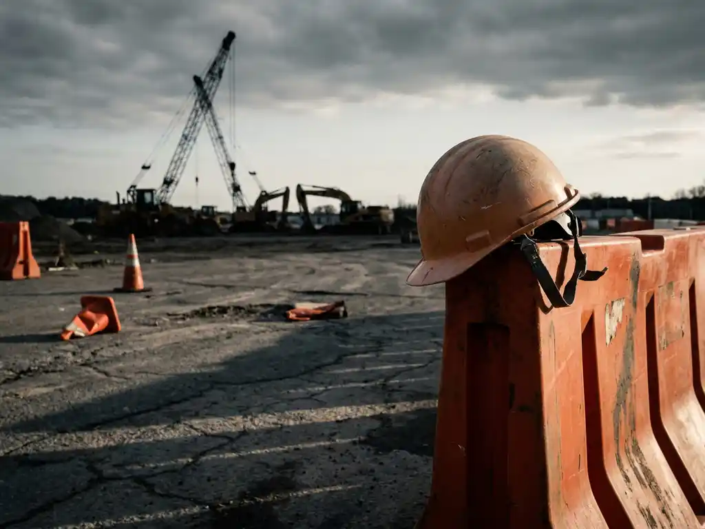 Verweerde bouwhelm op oranje veiligheidsbarrière bij verlaten infrastructuurwerkplaats met gebarsten asfalt en bewolkte lucht