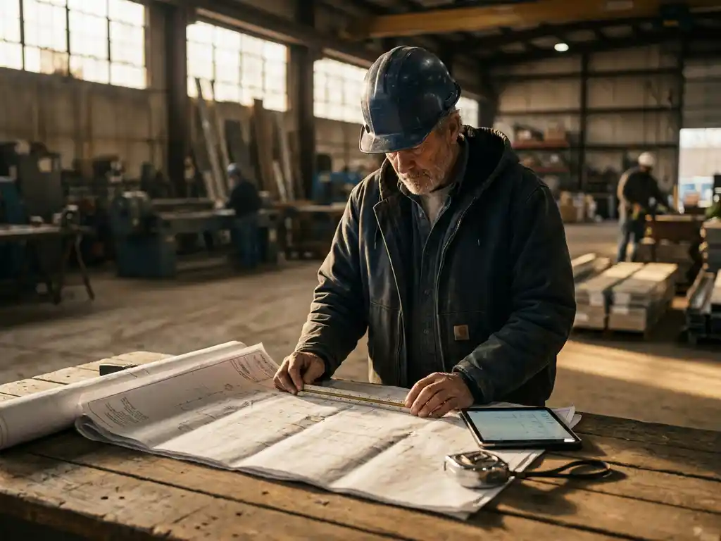 Bouwmanager in marineblauwe helm bestudeert architecturale blauwdrukken op houten tafel met meetgereedschap en tablet