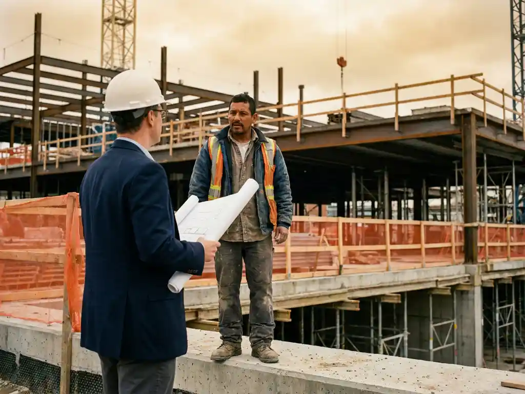 Projectdirecteur en voorman bespreken bouwplannen op actieve bouwplaats met steigers en staalconstructie op achtergrond
