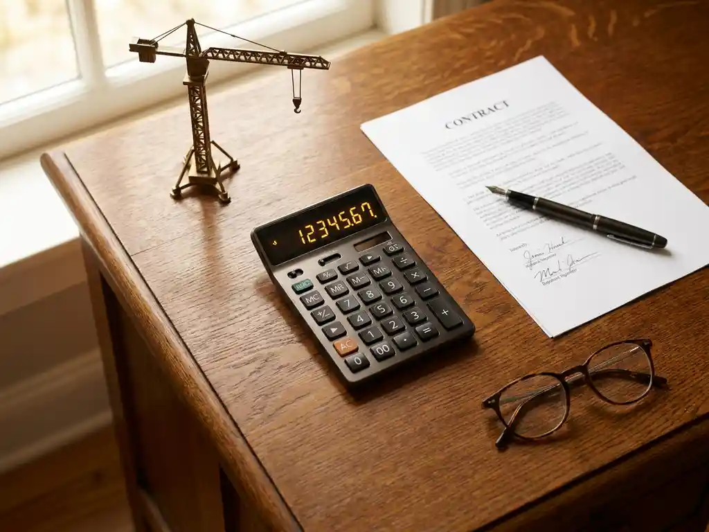 Eiken bureau met calculator, contract met vulpen, leesbril en messing kraanmodel in warm daglicht
