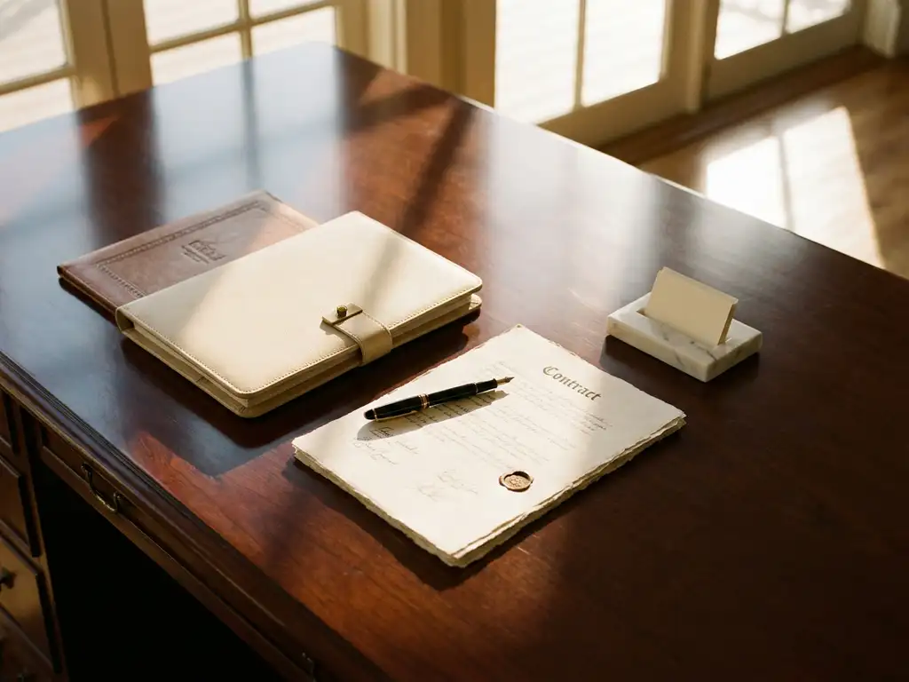 Mahonie bureau van bovenaf met contract, vulpen, visitekaarthouder en leren portfolio in warm zonlicht