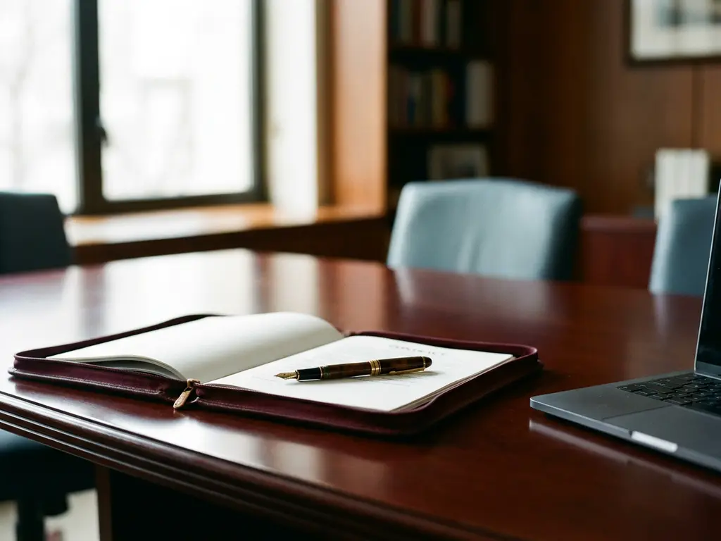 Mahonie vergadertafel met vulpen op opengeslagen contractmap, laptop en natuurlijk licht door raam
