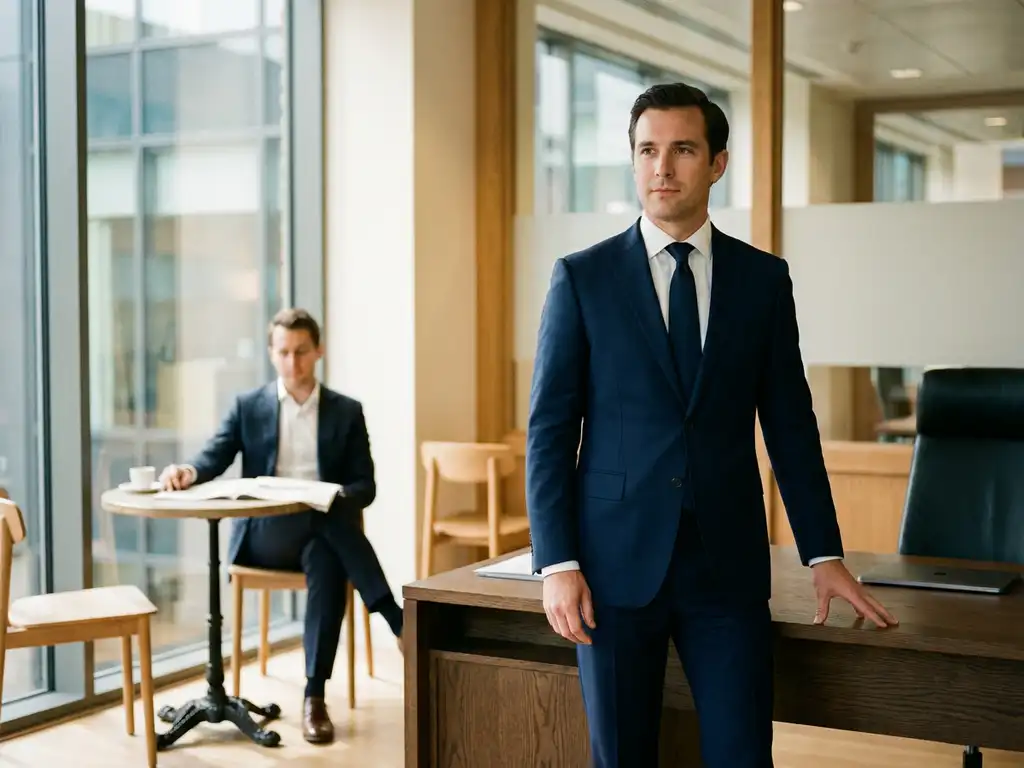 Zelfverzekerde executive in marineblauw pak in modern kantoor met zonlicht, collega op achtergrond in café