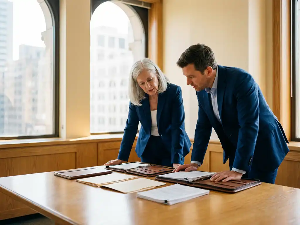 Senior executive en recruiter in gesprek aan conferentietafel met documenten, natuurlijk licht door kantoorvensters