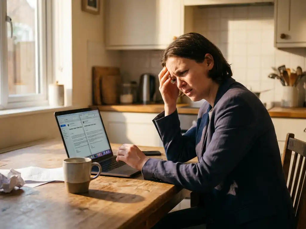 Gefrustreerde professional wrijft over slapen terwijl hij naar identieke recruitmentmails op laptop kijkt, koffiekop en papieren op tafel