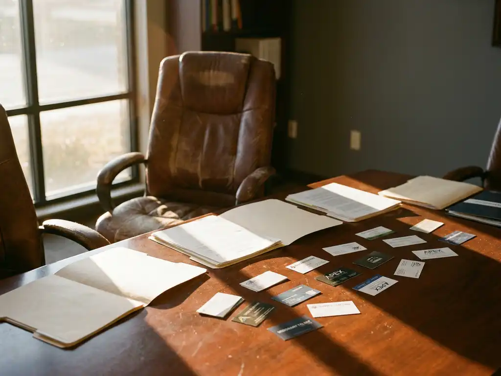 Lege leren bureaustoel aan conferentietafel met wervingsmappen en visitekaartjes, namiddaglicht werpt lange schaduwen