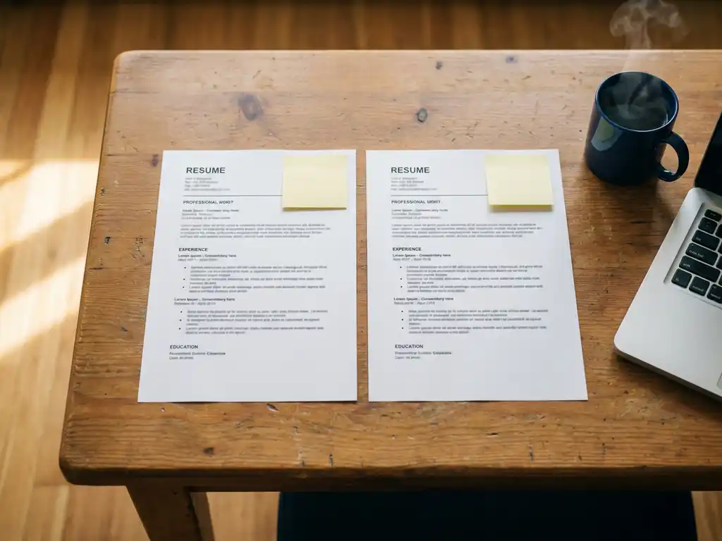 Twee identieke cv's op een houten bureau met gele notities, koffiemok en laptop in ochtendlicht