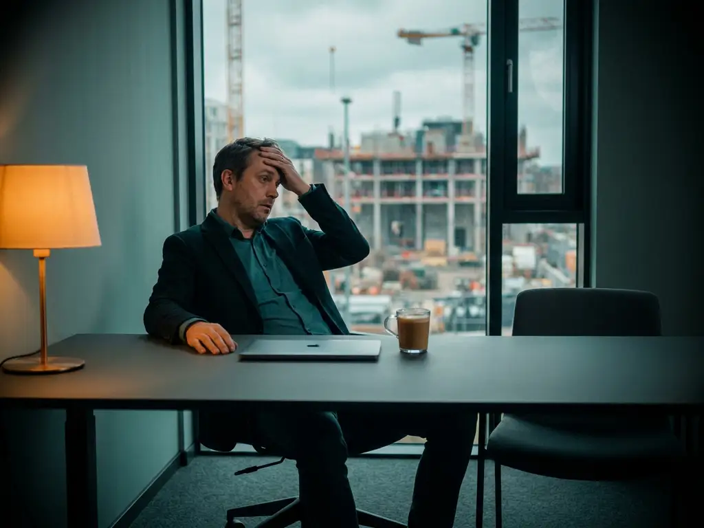Gefrustreerde recruiter kijkt naar lege stoel tegenover bureau, bouwkranen zichtbaar door raam op achtergrond