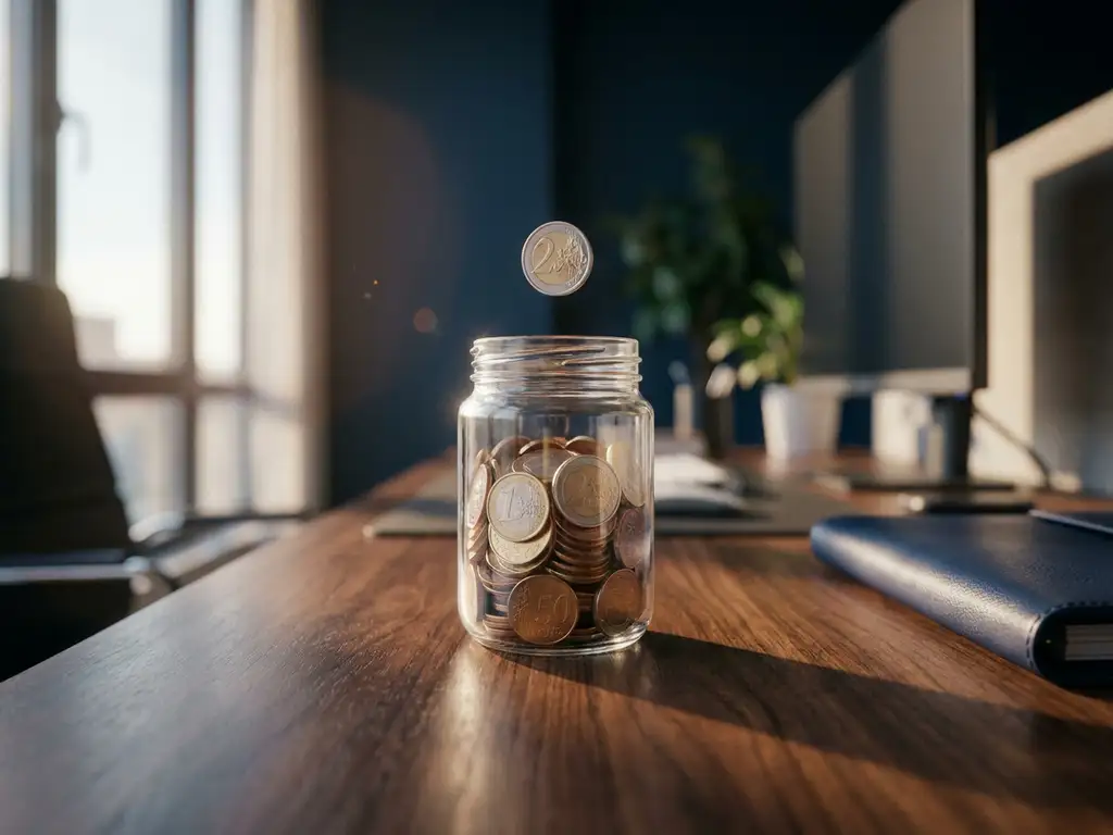 Glazen pot met euromuntjes op bureau met zwevende munt erboven in warm natuurlijk licht