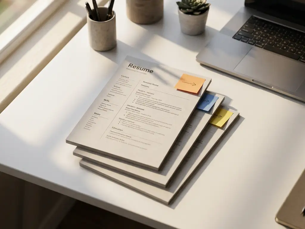 Drie sollicitatiebrieven met gekleurde notitiepapiertjes op een bureau naast een laptop, van bovenaf gefotografeerd