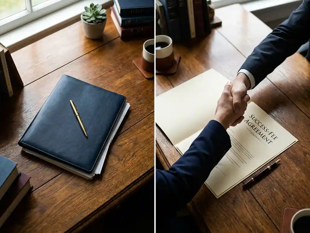 Eiken bureau met retainerovereenkomst en success-fee contract, handdruk symboliseert zakelijk partnerschap