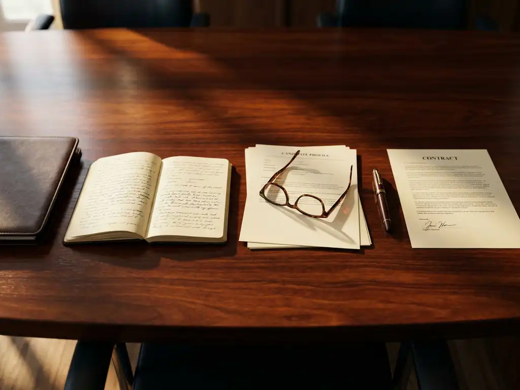 Mahonie bestuurskamertafel met leren portfolio, notitieboek, leesbril op kandidaatprofielen, vulpen en getekend contract