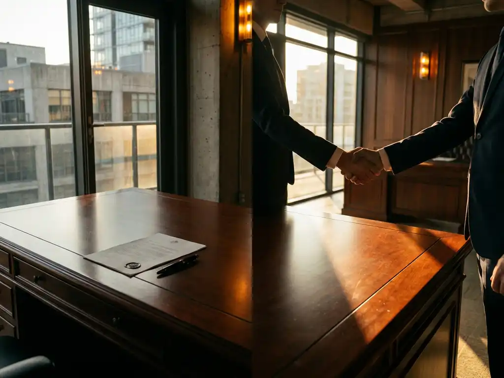 Mahoniehouten bureau met getekend contract en vulpen links, handdruk tussen zakenmensen rechts, kantoor met dramatisch raamlicht